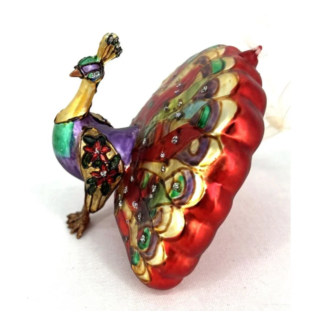 Peacock Christmas Ornament Multicolor Bird Hand Blown Glass 4